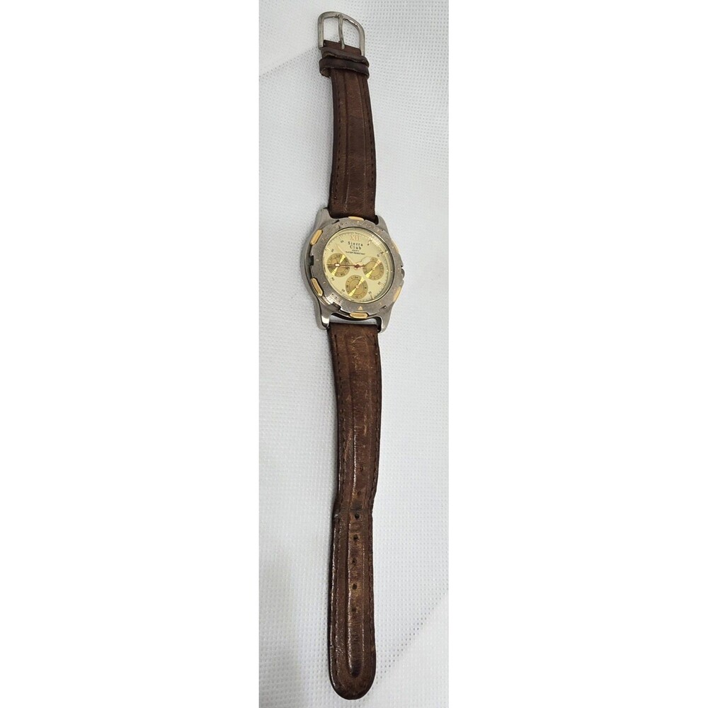 Men's Sierra Club Classic 3 Eye Silver Gold Tone Case Brown Strap Watch 13 - Picture 7 of 10